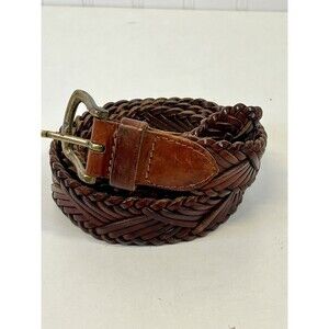Vintage Men's Brown Woven Leather Belt Size 43 Solid Brass Buckle Made In Turkey
